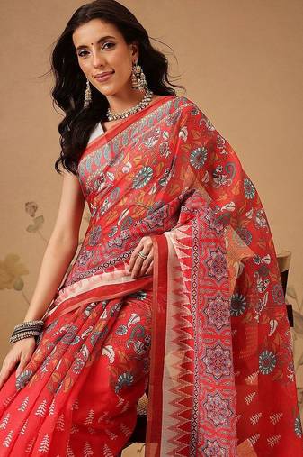 Red printed cotton blend ethnic saree with blouse piece
