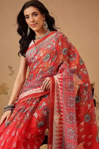 Red printed cotton blend ethnic saree with blouse piece