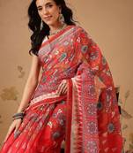 Red printed cotton blend ethnic saree with blouse piece