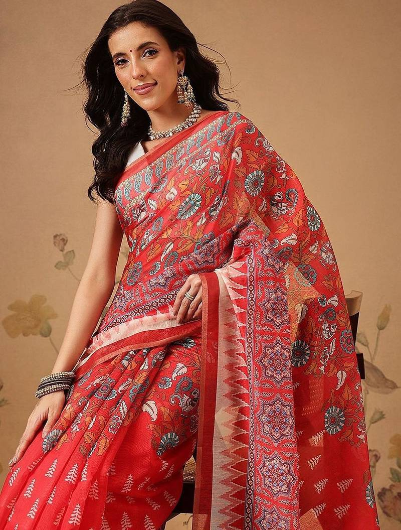 Red printed cotton blend ethnic saree with blouse piece