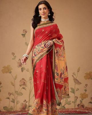 Red printed cotton blend ethnic saree with blouse piece 2