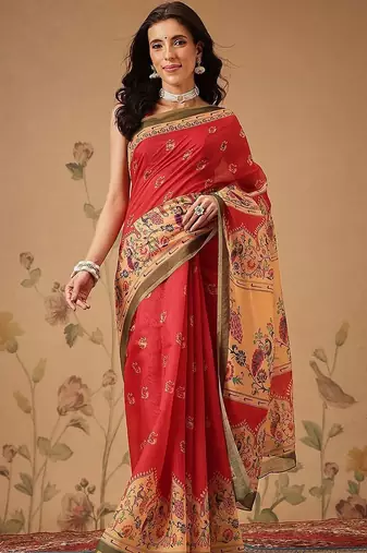 Red printed cotton blend ethnic saree with blouse piece