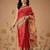 Red printed cotton blend ethnic saree with blouse piece