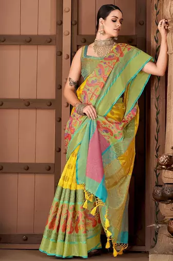 Yellow woven art silk traditional saree with blouse piece
