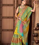 Yellow woven art silk traditional saree with blouse piece