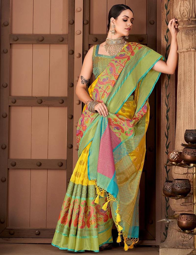 Yellow woven art silk traditional saree with blouse piece