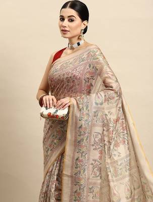 Beige printed cotton blend ethnic saree with blouse piece 1