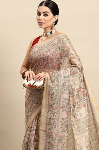 Beige printed cotton blend ethnic saree with blouse piece