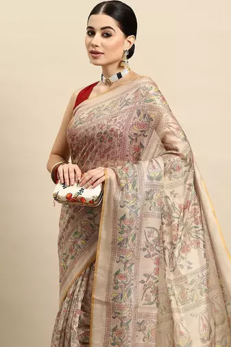 Beige printed cotton blend ethnic saree with blouse piece