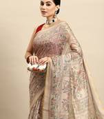 Beige printed cotton blend ethnic saree with blouse piece