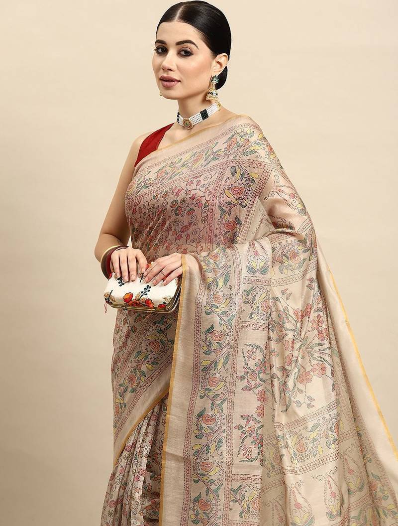 Beige printed cotton blend ethnic saree with blouse piece