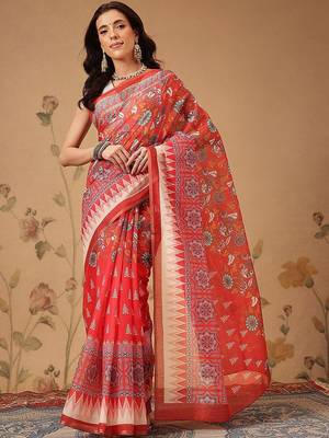 Red printed cotton blend ethnic saree with blouse piece 2