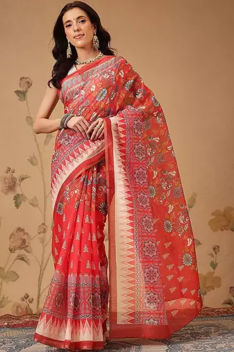 Red printed cotton blend ethnic saree with blouse piece