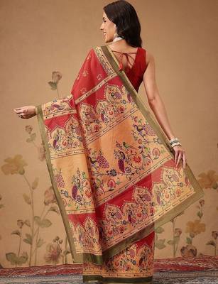 Red printed cotton blend ethnic saree with blouse piece 3