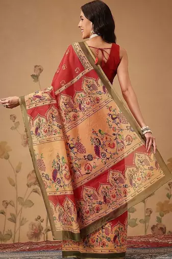 Red printed cotton blend ethnic saree with blouse piece