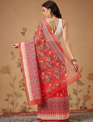 Red printed cotton blend ethnic saree with blouse piece 3