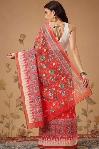 Red printed cotton blend ethnic saree with blouse piece