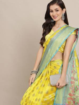 Yellow woven art silk traditional saree with blouse piece 2