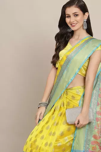 Yellow woven art silk traditional saree with blouse piece
