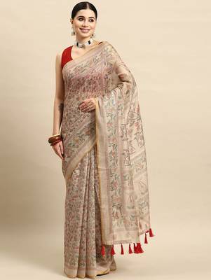 Beige printed cotton blend ethnic saree with blouse piece 2