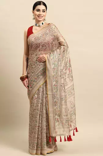 Beige printed cotton blend ethnic saree with blouse piece