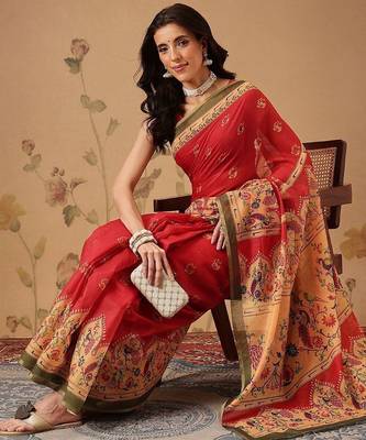 Red printed cotton blend ethnic saree with blouse piece 4