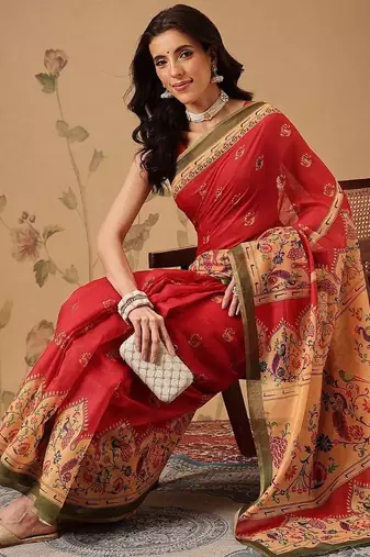 Red printed cotton blend ethnic saree with blouse piece