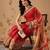 Red printed cotton blend ethnic saree with blouse piece