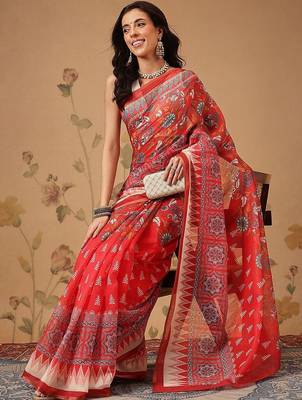 Red printed cotton blend ethnic saree with blouse piece 4