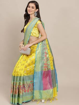 Yellow woven art silk traditional saree with blouse piece 3
