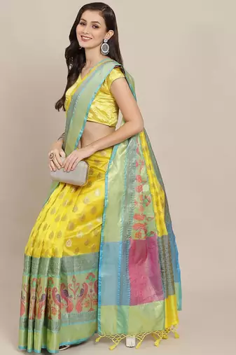 Yellow woven art silk traditional saree with blouse piece