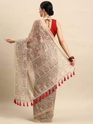 Beige printed cotton blend ethnic saree with blouse piece 3