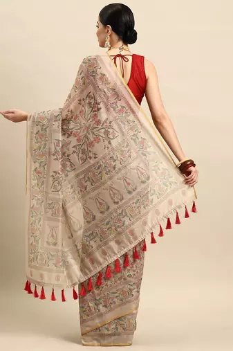 Beige printed cotton blend ethnic saree with blouse piece