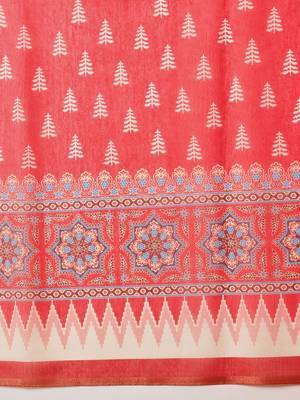 Red printed cotton blend ethnic saree with blouse piece 5