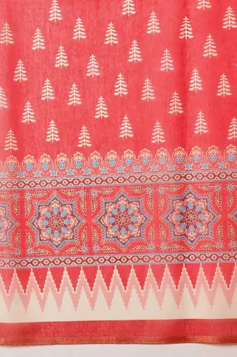 Red printed cotton blend ethnic saree with blouse piece