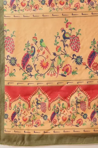 Red printed cotton blend ethnic saree with blouse piece