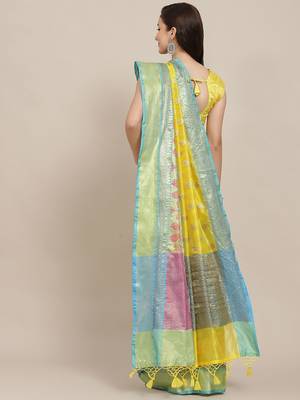 Yellow woven art silk traditional saree with blouse piece 4