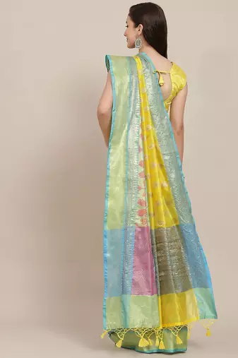 Yellow woven art silk traditional saree with blouse piece