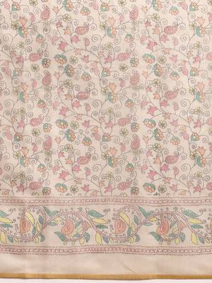 Beige printed cotton blend ethnic saree with blouse piece 4