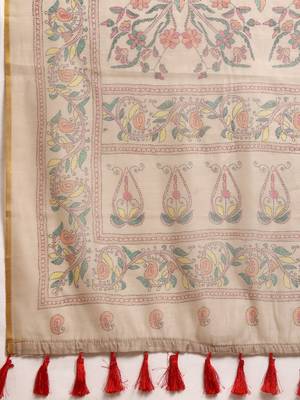 Beige printed cotton blend ethnic saree with blouse piece 5