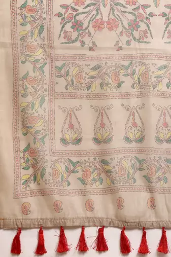 Beige printed cotton blend ethnic saree with blouse piece