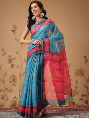 Blue printed cotton blend ethnic saree with blouse piece 1