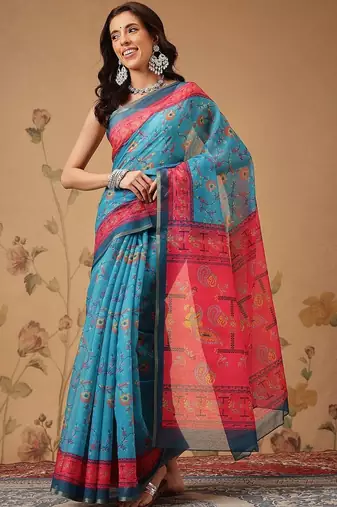 Blue printed cotton blend ethnic saree with blouse piece