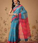 Blue printed cotton blend ethnic saree with blouse piece