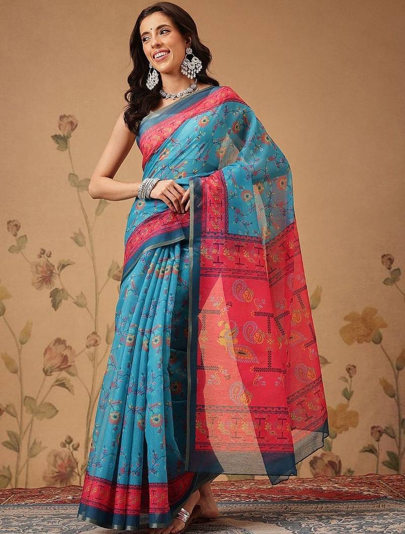 Blue printed cotton blend ethnic saree with blouse piece