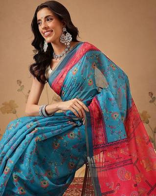 Blue printed cotton blend ethnic saree with blouse piece 2