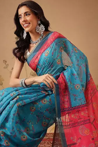 Blue printed cotton blend ethnic saree with blouse piece
