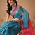 Blue printed cotton blend ethnic saree with blouse piece