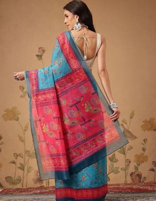 Blue printed cotton blend ethnic saree with blouse piece 3