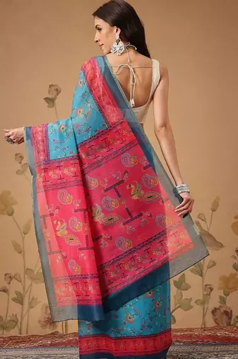Blue printed cotton blend ethnic saree with blouse piece